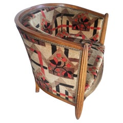 French Art Deco Walnut Tub Chair with Original Geometric Jaz Age Upholstery