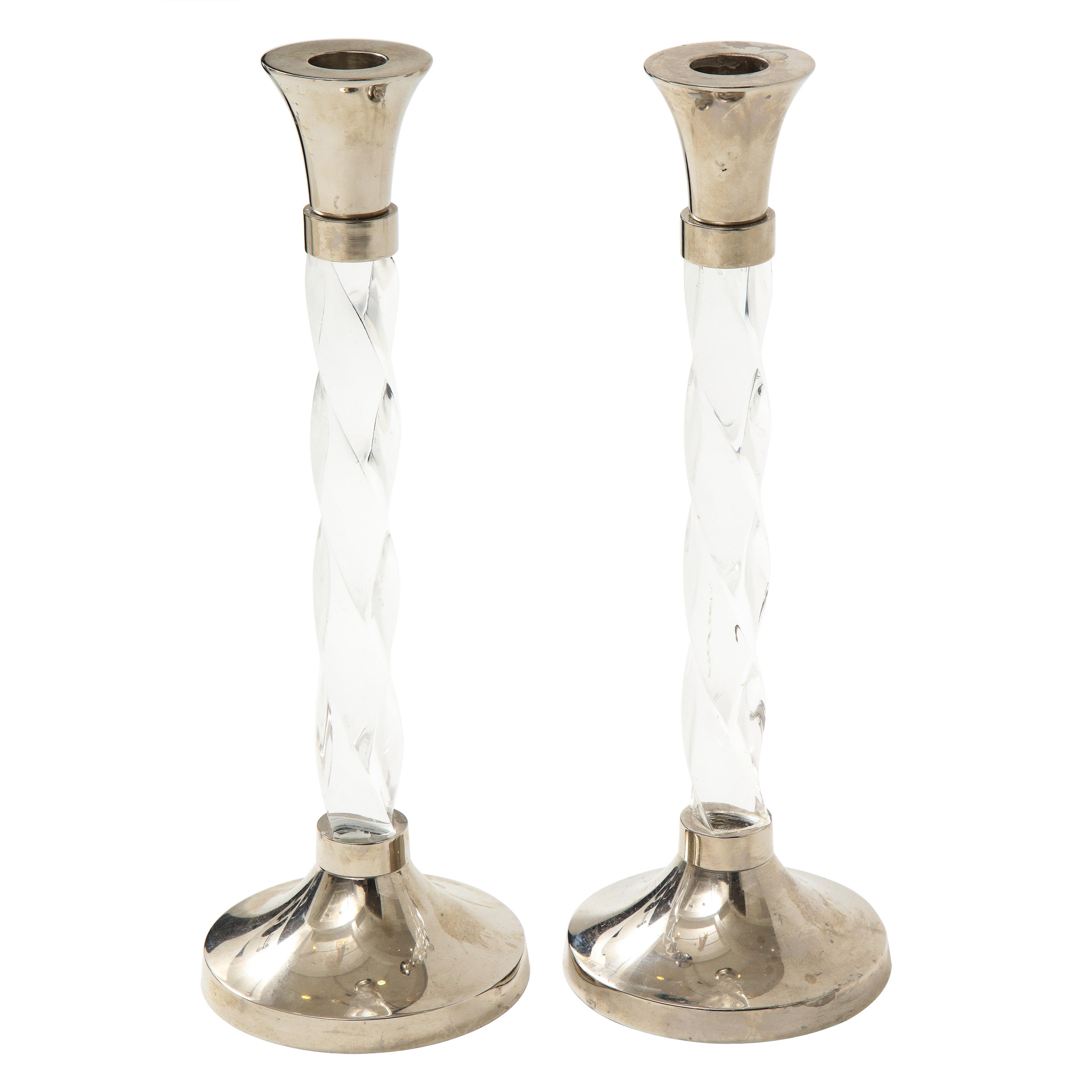 Pair of Silver Candlesticks with Glass Barley Twist Stems 