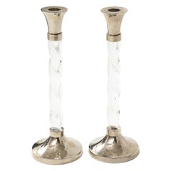 Pair of Silver Candlesticks with Glass Barley Twist Stems 
