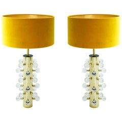 Mid-Century Modern Pair of Sculptural Clear Murano Glassand Brass Table Lamps