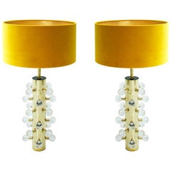 Mid-Century Modern Pair of Sculptural Clear Murano Glassand Brass Table Lamps