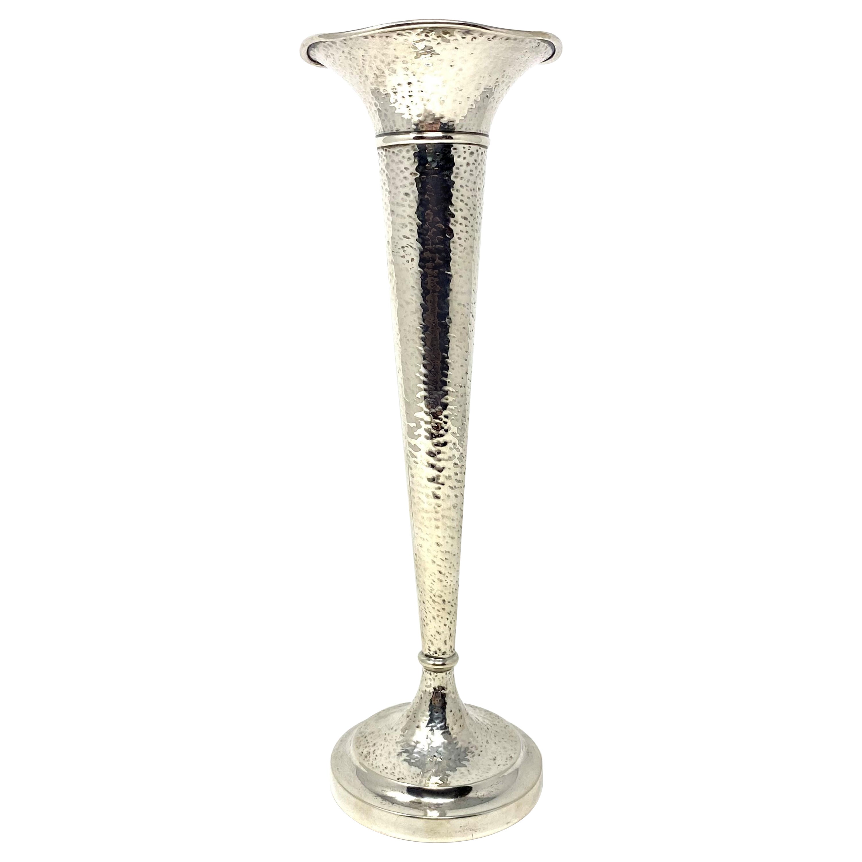 Antique American Hammered Sterling Silver Trumpet Bud Vase, circa 1890's