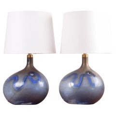 Vintage Pair of Large Holmegaard Lamp Art Blue Sculptural Glass Table Lamps Danish 1970s