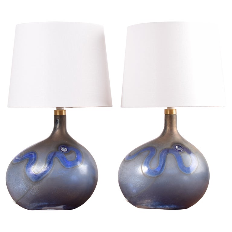 Pair of Large Holmegaard Lamp Art Blue Sculptural Glass Table Lamps Danish  1970s For Sale at 1stDibs