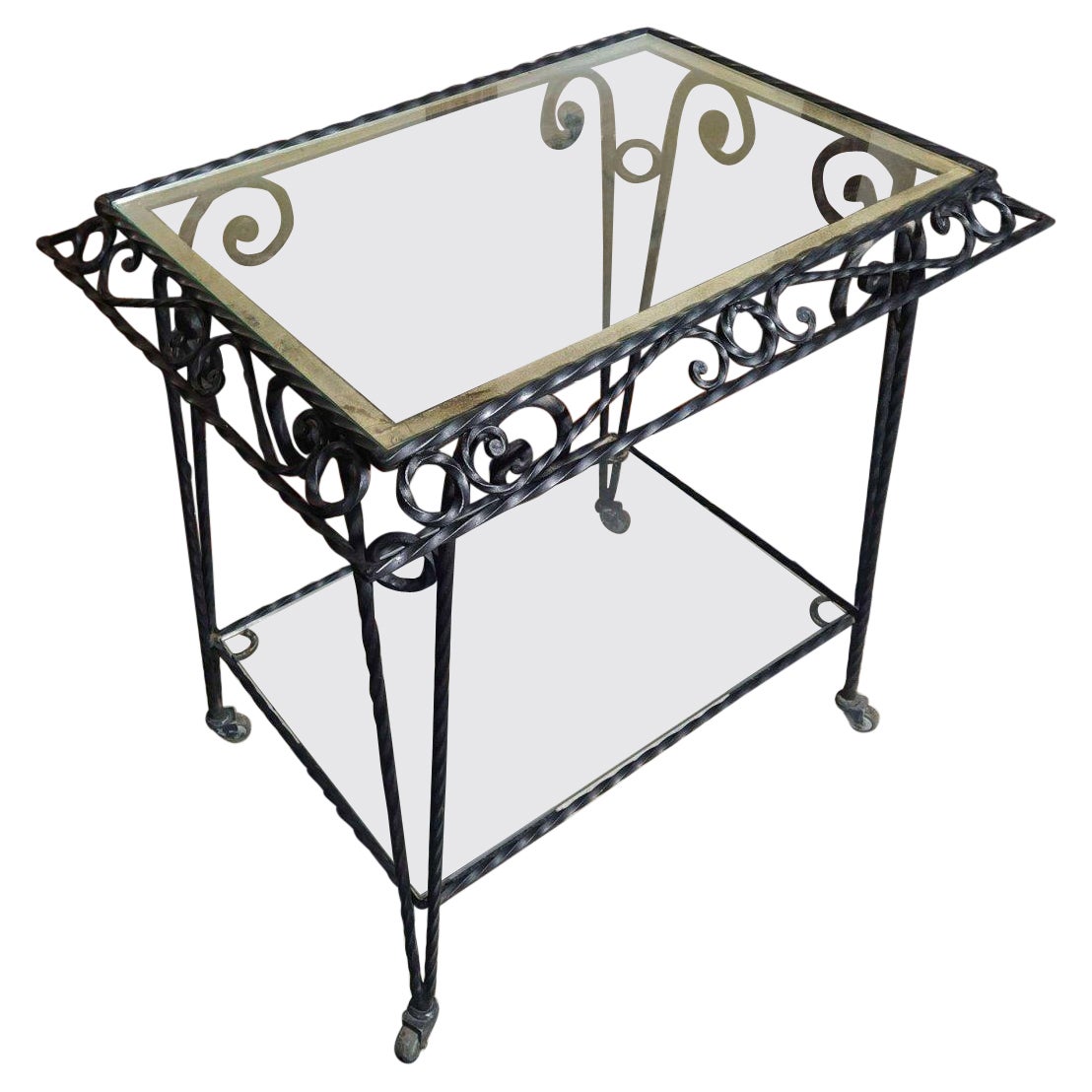 Mid Century French Glass & Wrought Iron 2 Tier Tea or Dessert Trolley on Castors For Sale