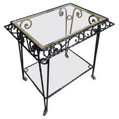 Mid Century French Glass & Wrought Iron 2 Tier Tea or Dessert Trolley on Castors