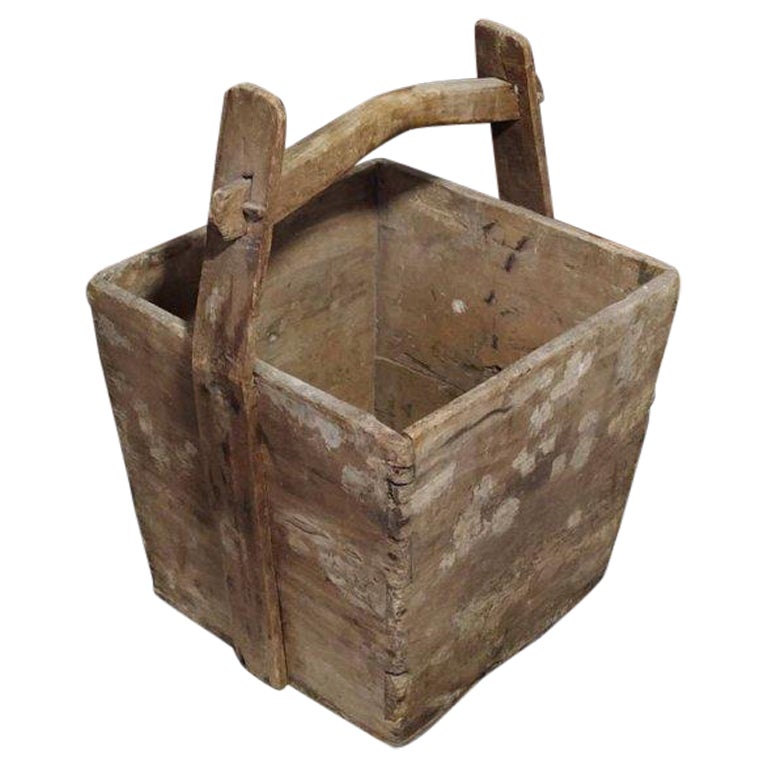 Seau en bois ancien chinois à poignée, utilisé à l'origine pour transporter et mesurer du riz