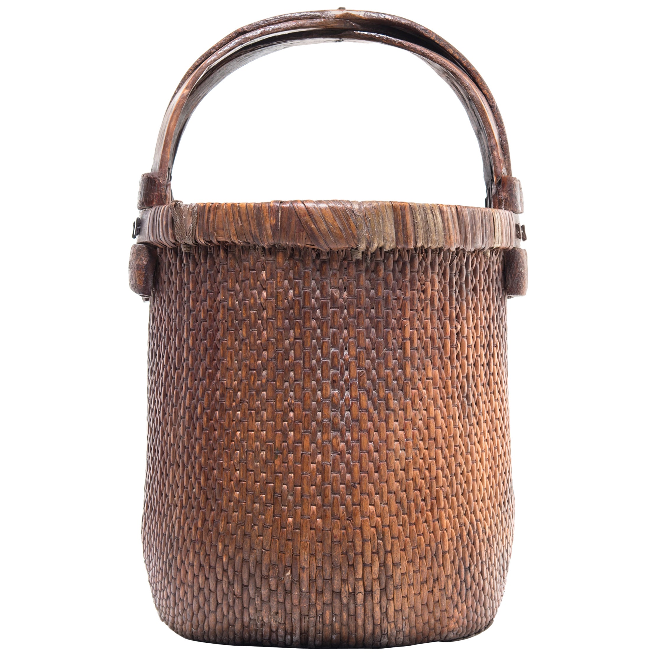 Chinese Round Woven Basket with Handle For Sale at 1stDibs