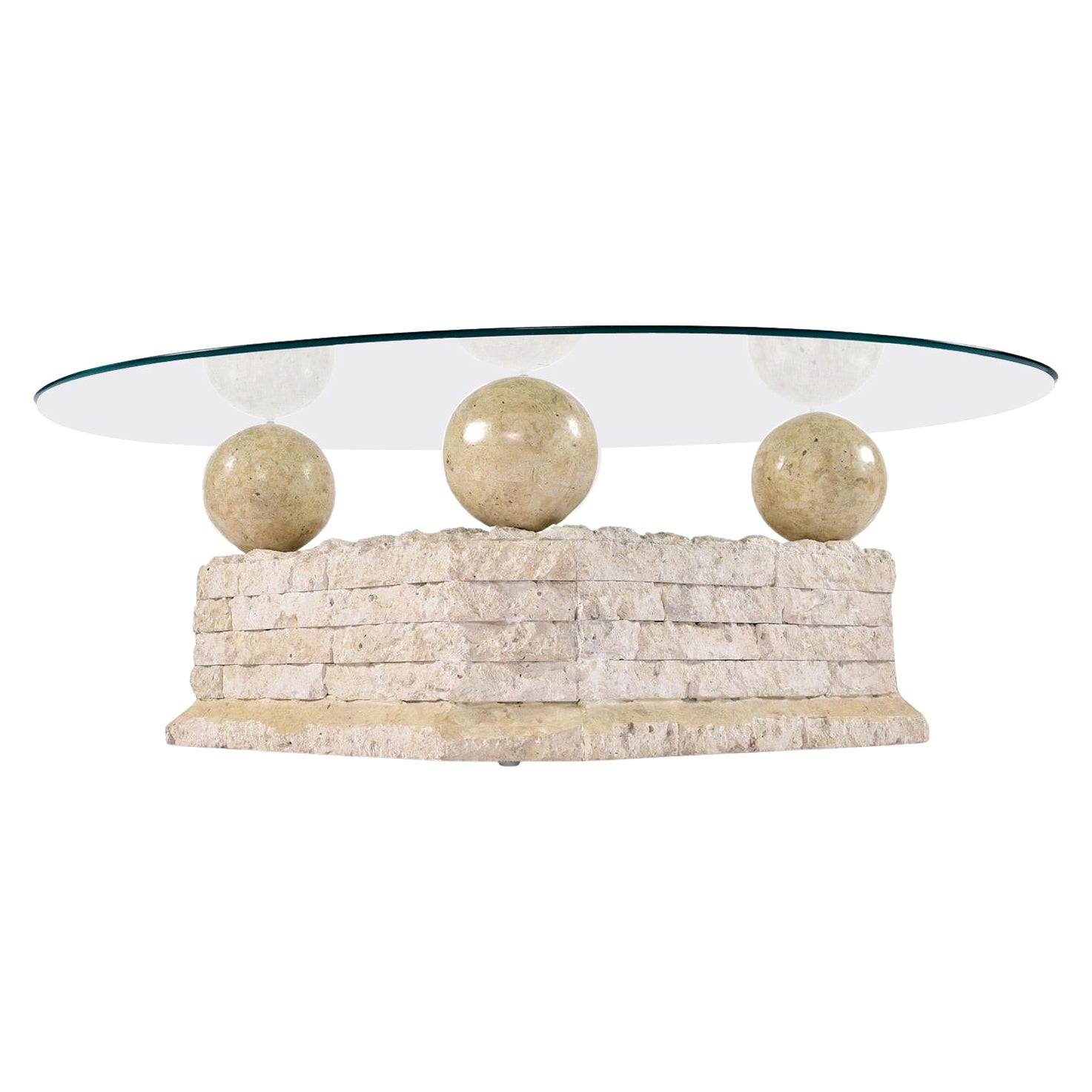 Maitland Smith Style Mactan Tessellated Stone Orb Pedestal Coffee Table