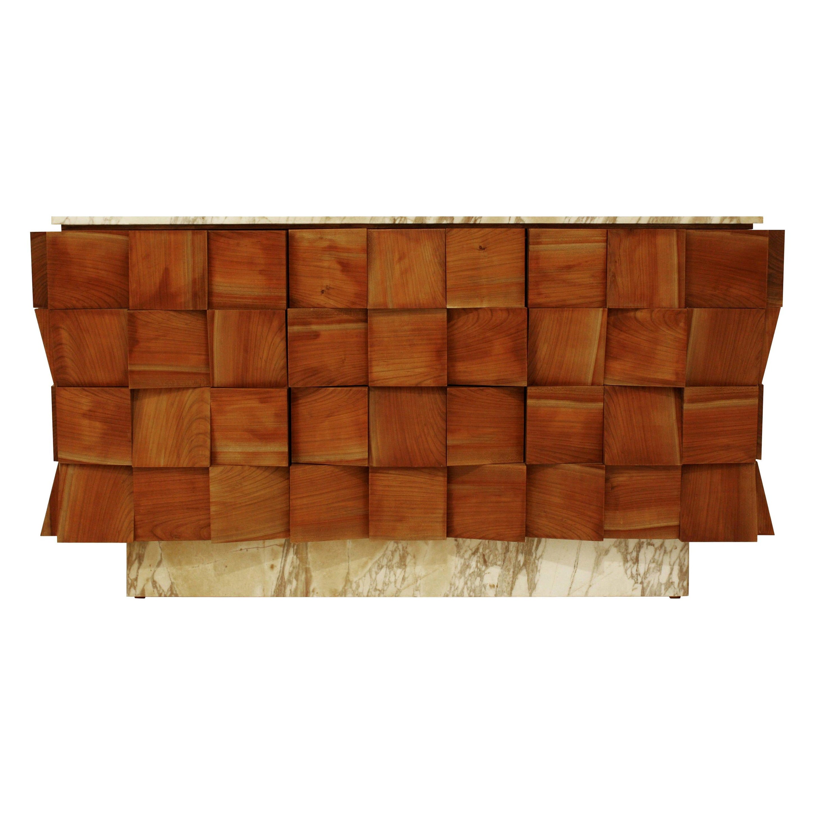 Mid-Century Modern Style Siena Marble Solid Birchwood Italian Drawers Sideboard For Sale