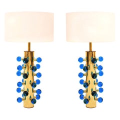 Mid-Century Modern Style Pair of Brass and Blue Murano Glass Italian Table Lamps