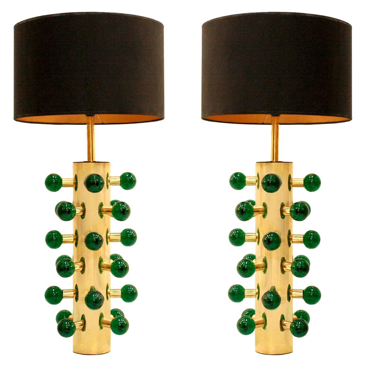 In the Style of Midcentury Green Murano Glass and Brass Base Italian Table Lamps For Sale