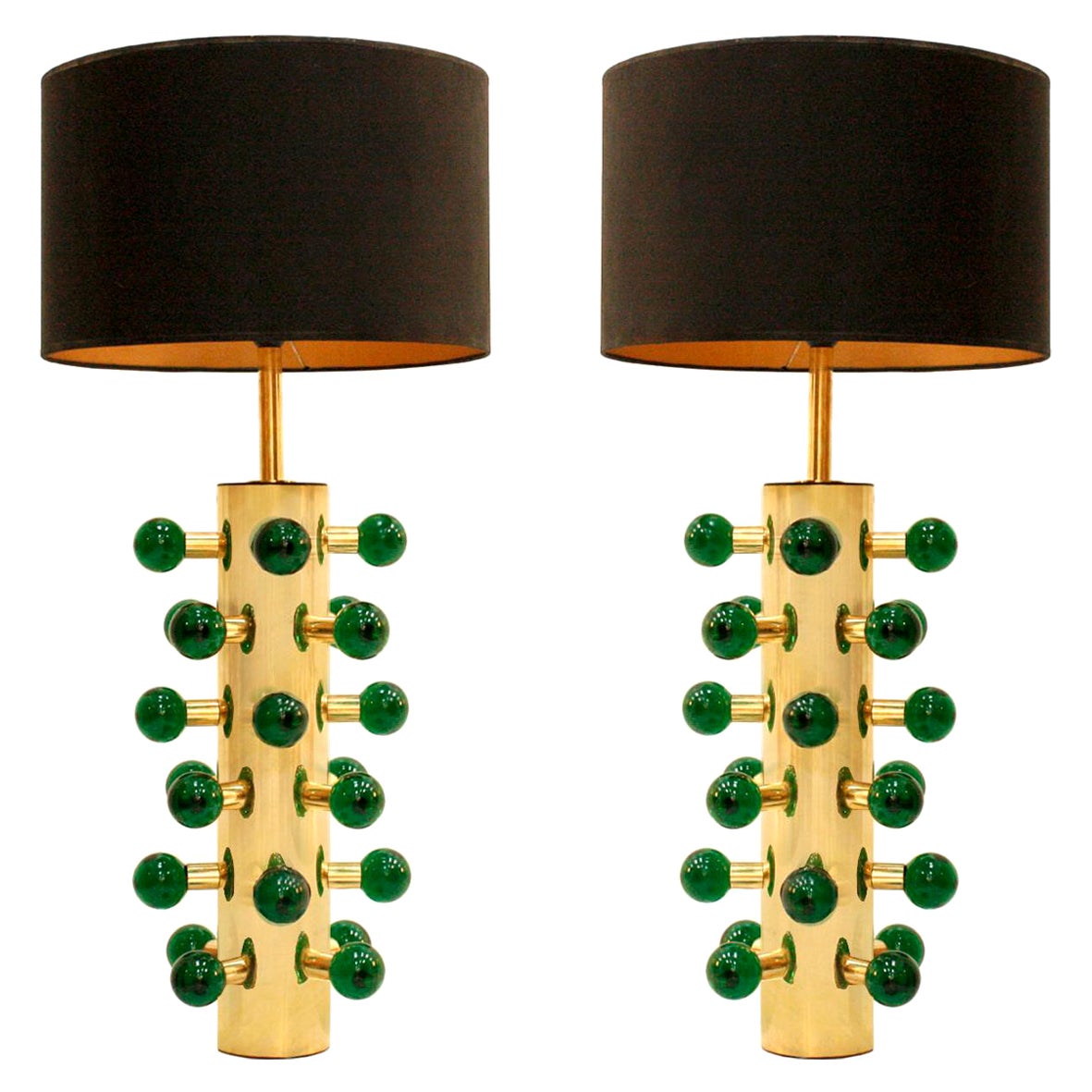 In the Style of Midcentury Green Murano Glass and Brass Base Italian Table Lamps For Sale