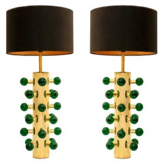 In the Style of Midcentury Green Murano Glass and Brass Base Italian Table Lamps