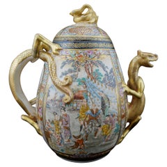 Japanese Meiji Satsuma Finely Decorated and Gilded Dragon Handle Scenic Teapot