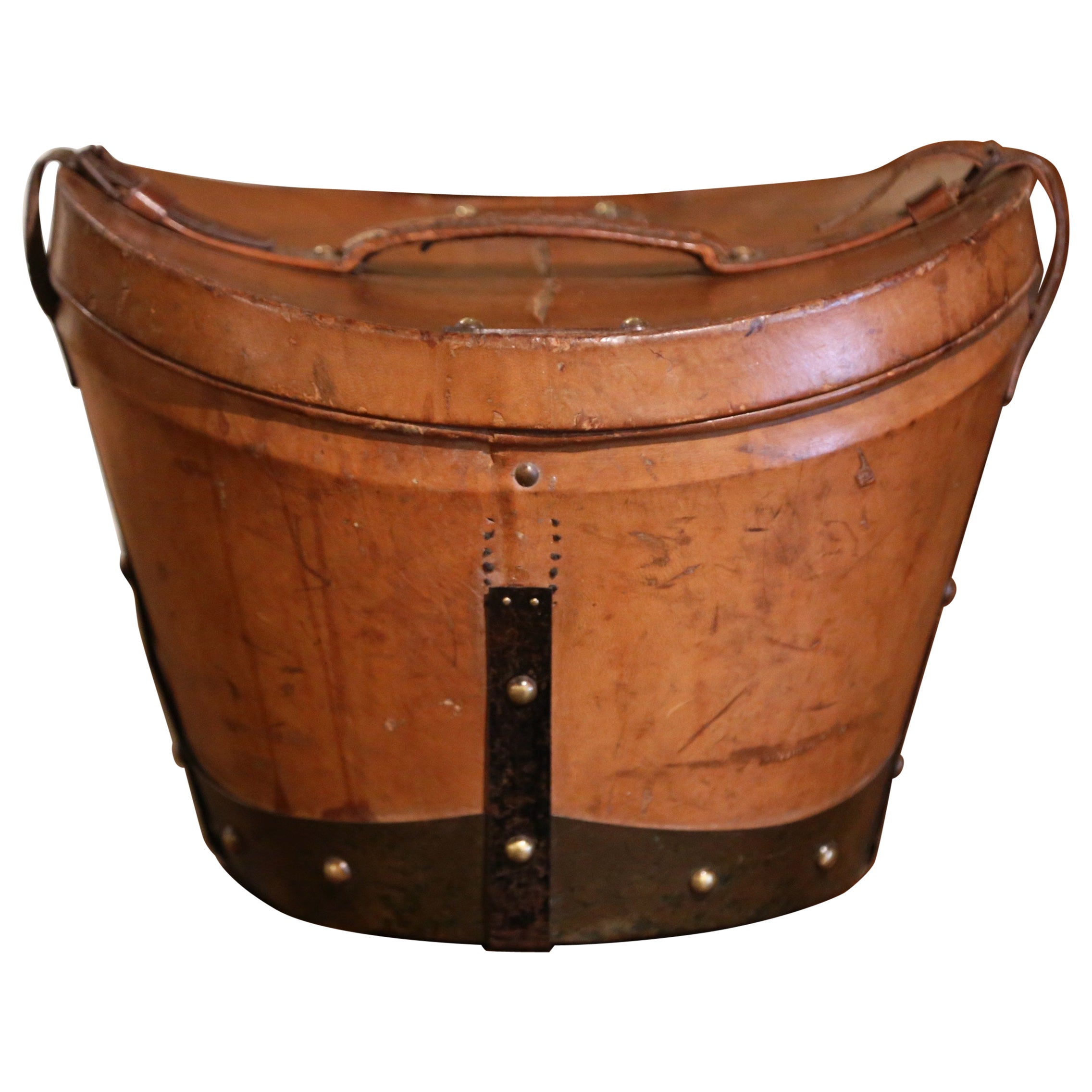 Mid-19th Century French Oval Pigskin Leather Hat Box with Original Top Hat For Sale
