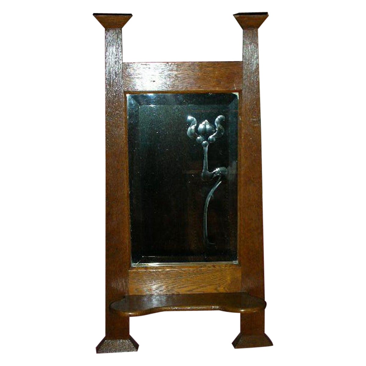 Liberty & Co Attr Arts & Crafts Wall Mirror with an Engraved Flower to the Glass For Sale