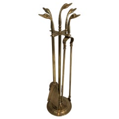 Neoclassical Fireplace Tools in Brass with Duck Heads, French, circa 1960