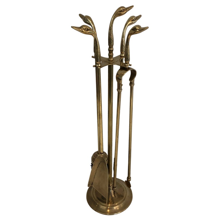 Neoclassical Fireplace Tools in Brass with Duck Heads, French, circa 1960 For Sale