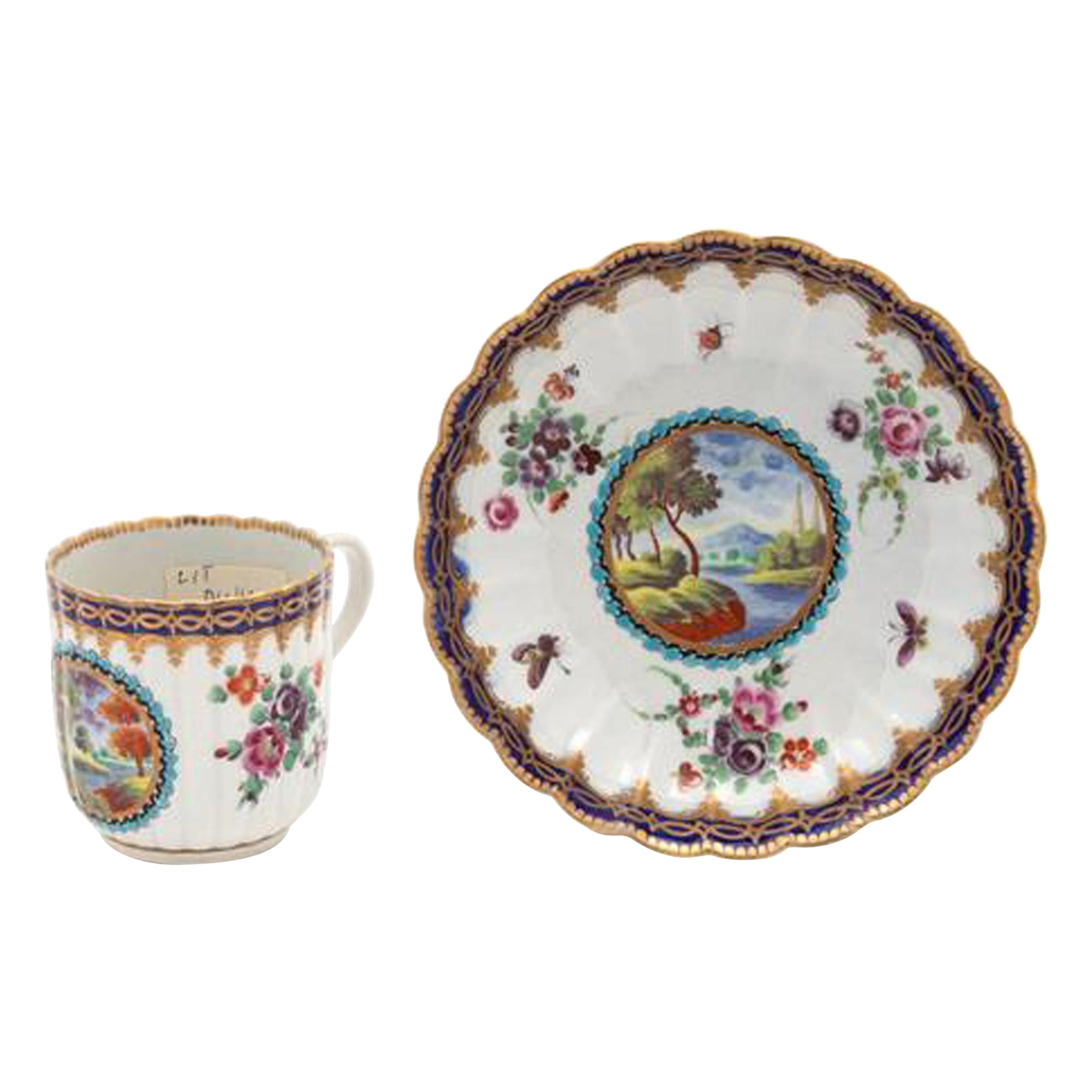 18th Century First Period Worcester Porcelain Coffee Can and Saucer