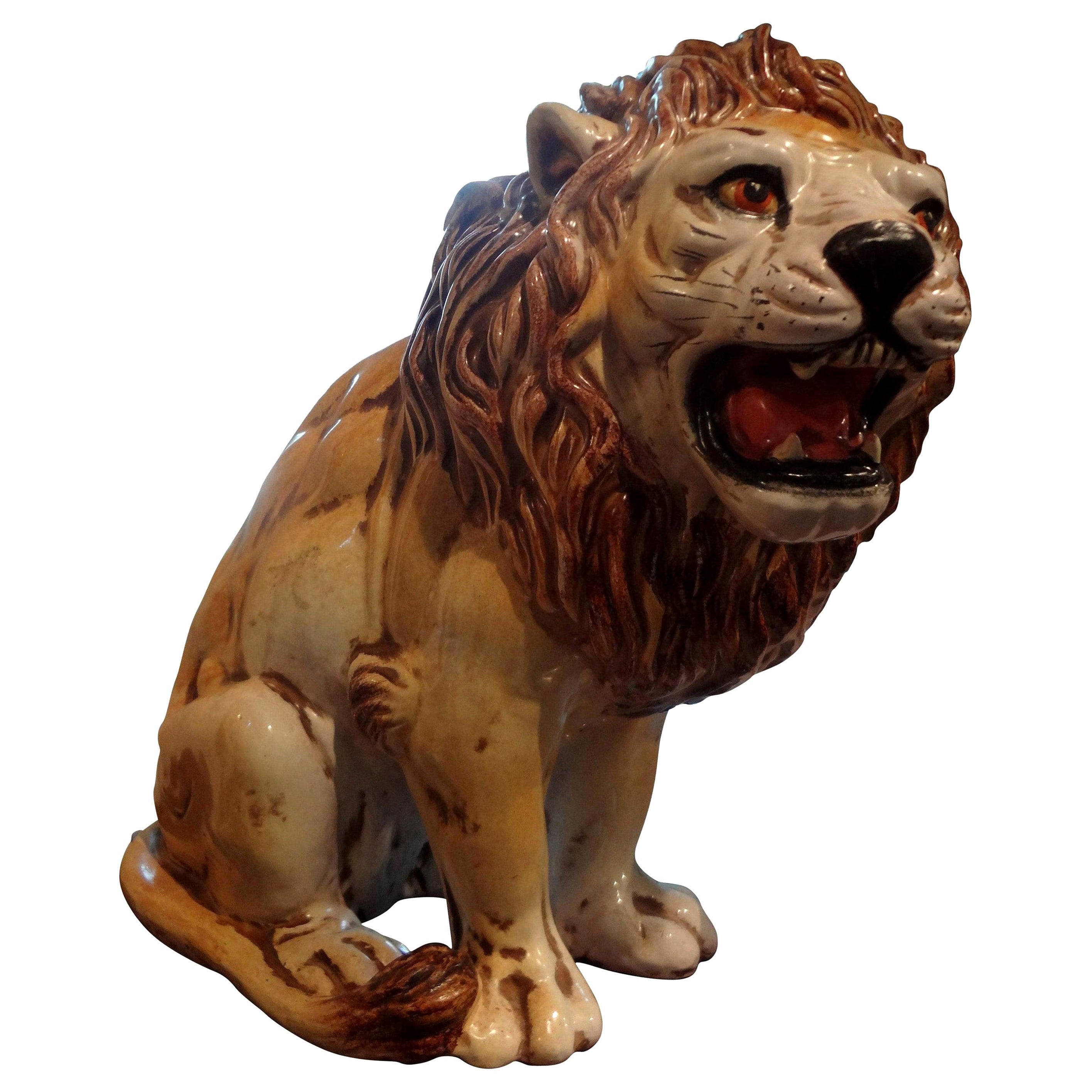 Hollywood Regency Italian Glazed Terracotta Lion For Sale