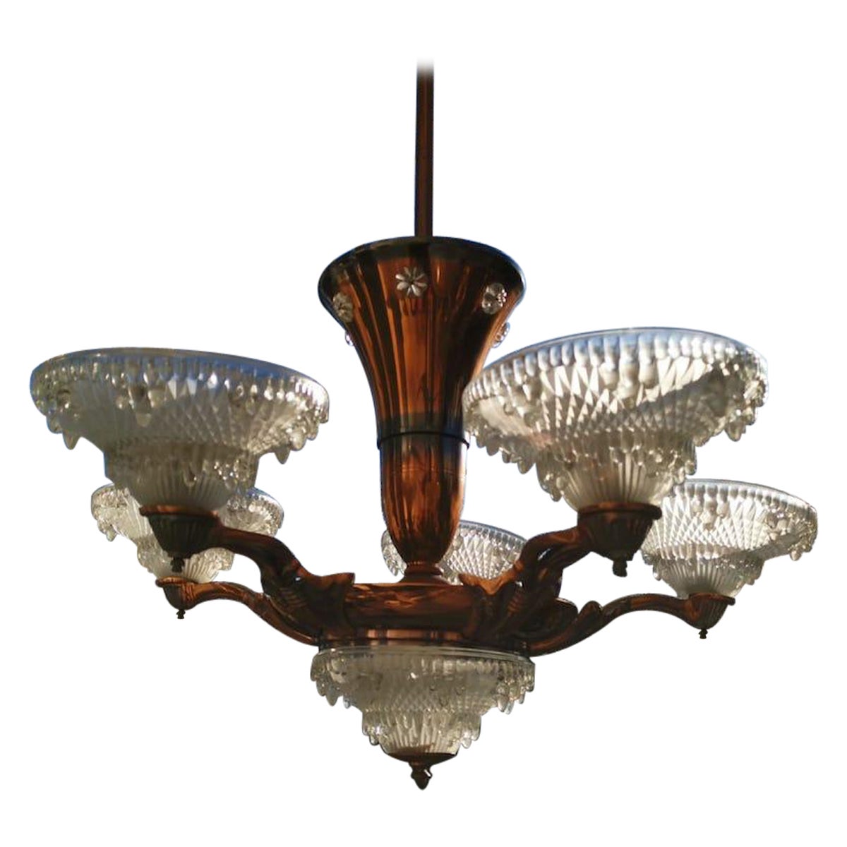 French Art Deco Chandelier with the Original Opaque Moulded Icicle Glass Shades For Sale