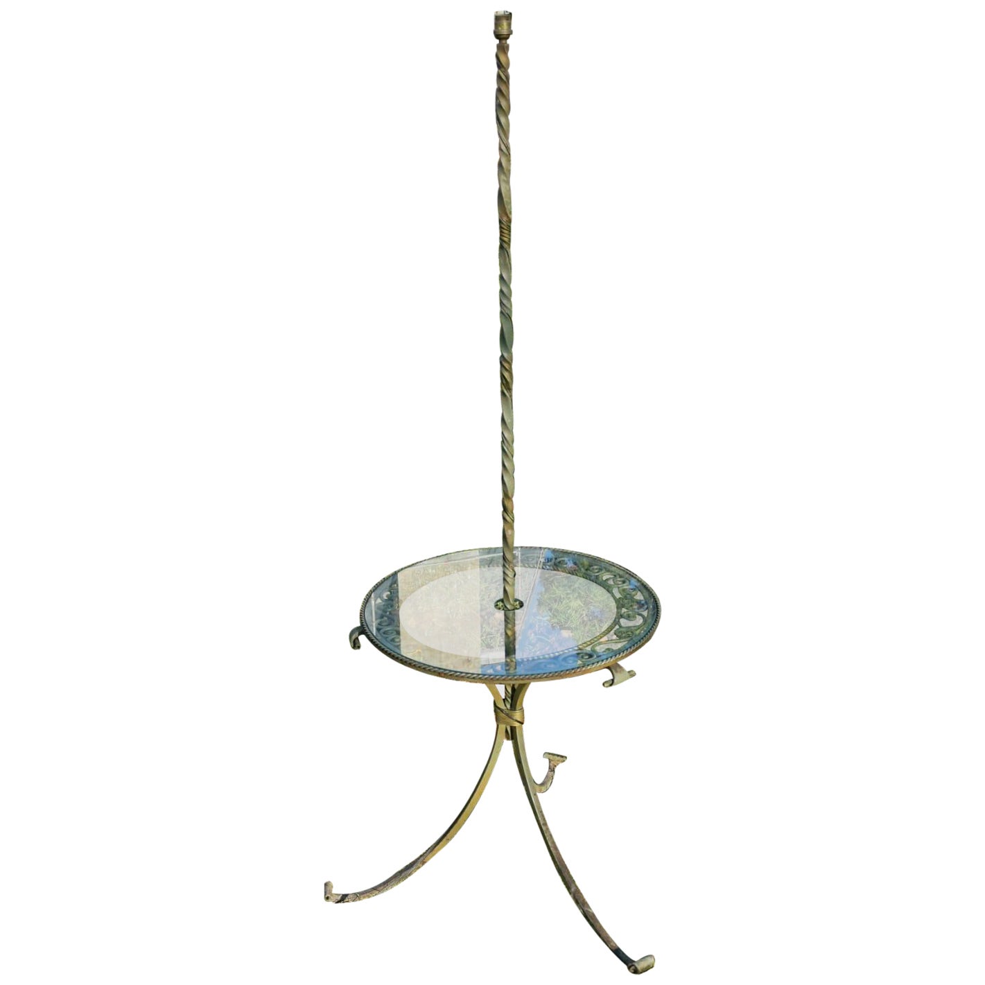 Mid-Century Modern Schmiedeeisen Stehlampe mit kreisförmigem Glastisch mit Schnörkeln