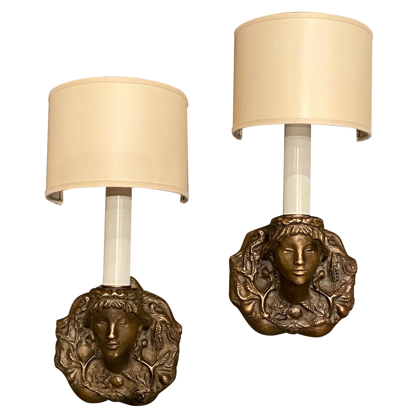 Rare Pair of Solid Bronze Sconces by Vadim Androusov Representing Female Figures