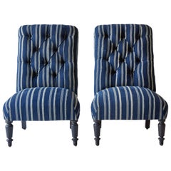 Pair of French Tufted Slipper Chairs Upholstered in Indigo Textile