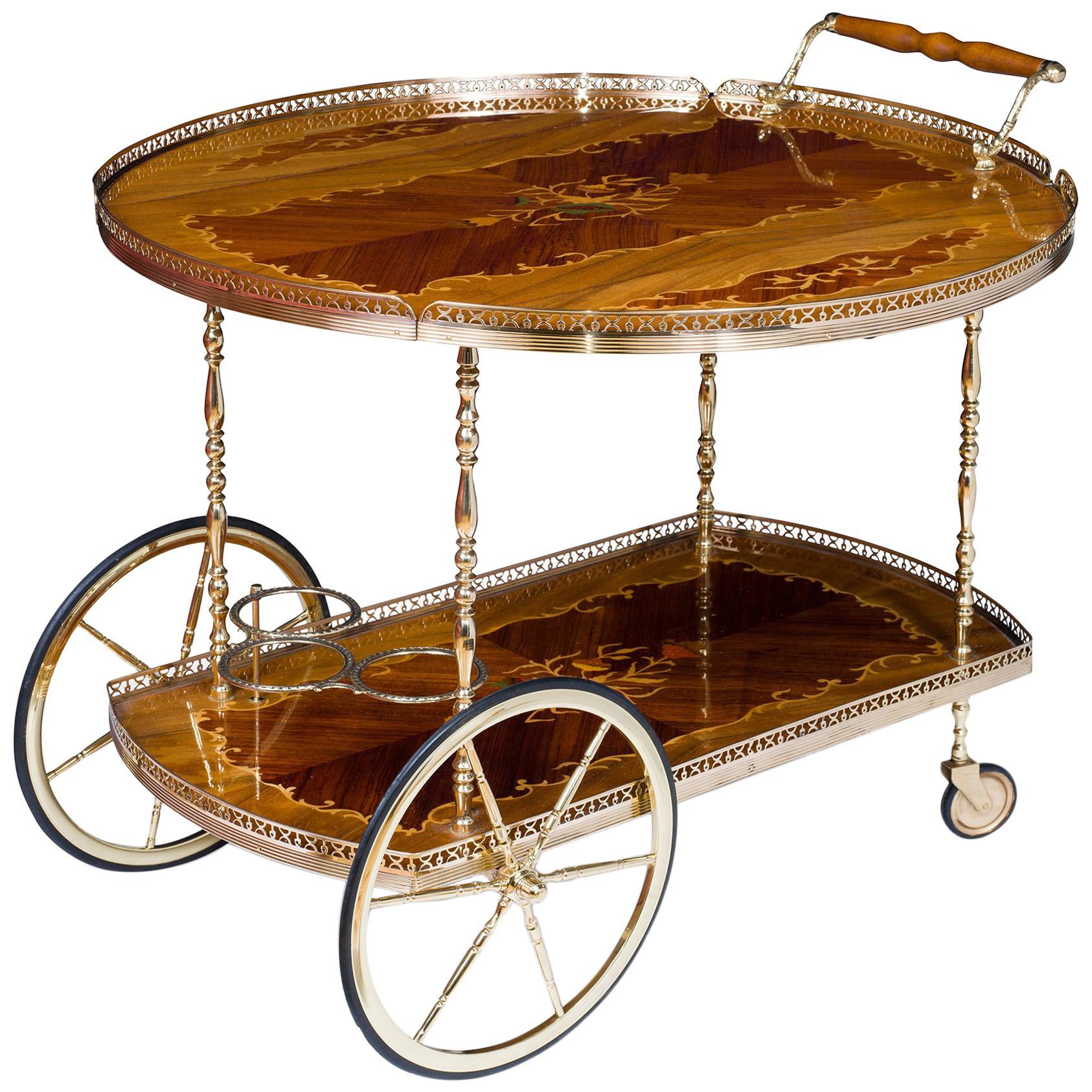 Mid Century Marquetry and Polished Brass Bar Cart Drinks Trolley For Sale