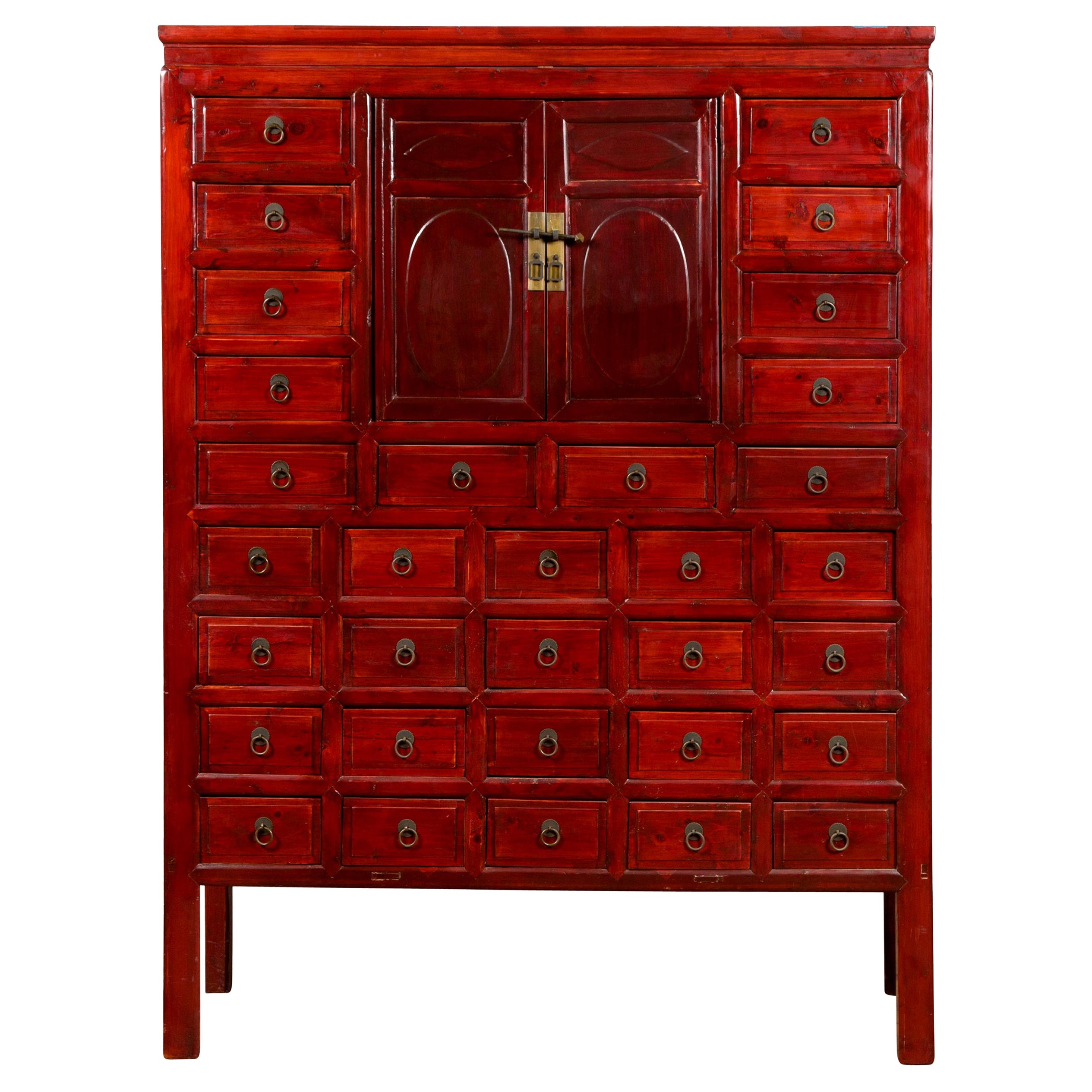Red Lacquered 1930s Apothecary Cabinet with 32 Drawers and Petite Double Doors