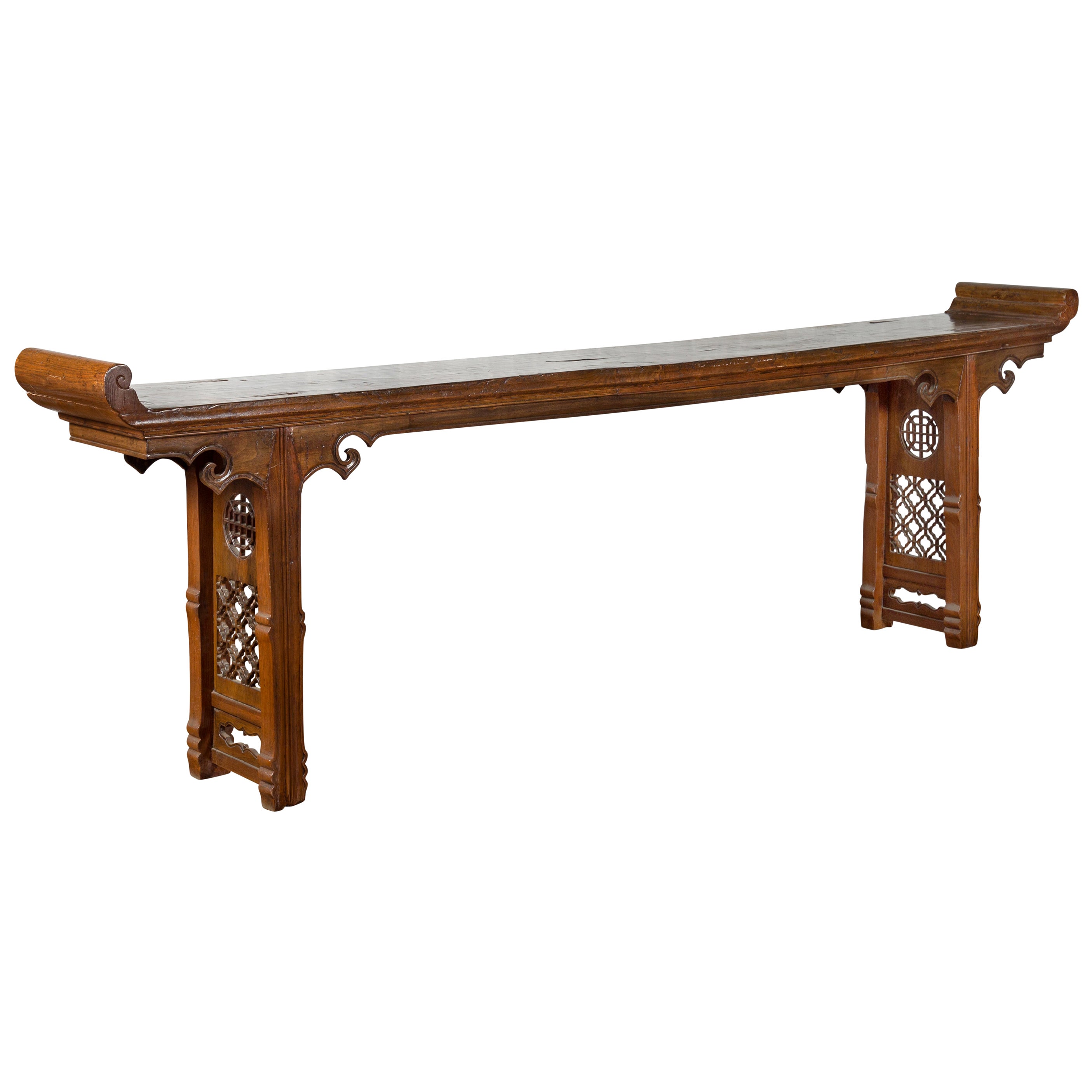 Large 19th c. Chinese Console Table with Carved End Panels For Sale at