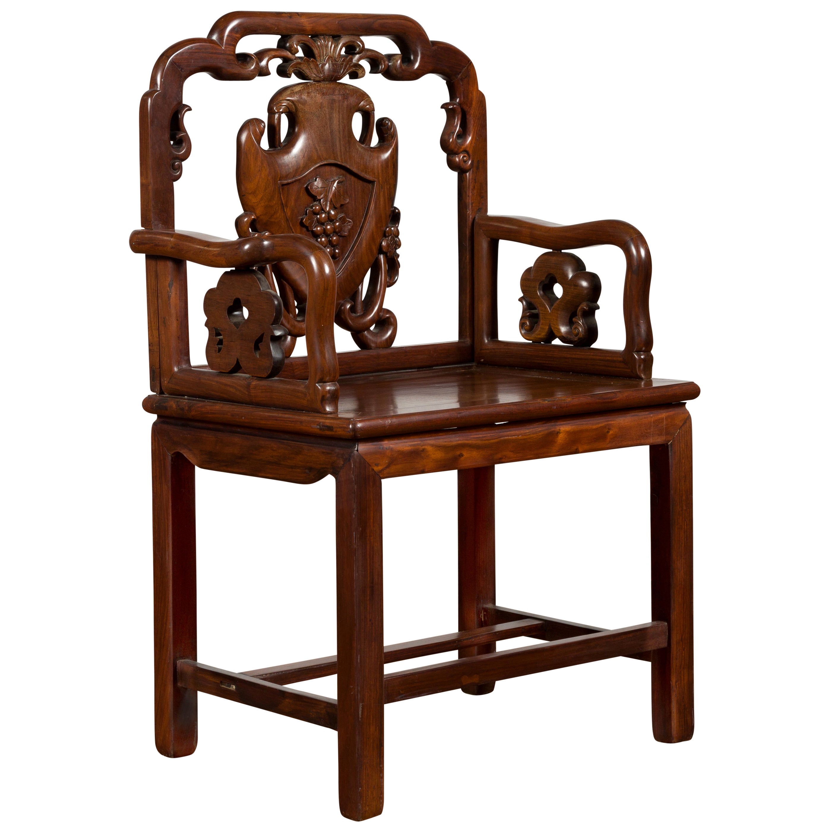 Pair of Qing Dynasty Chinese Carved Walnut Armchairs 'Fushouyi' For