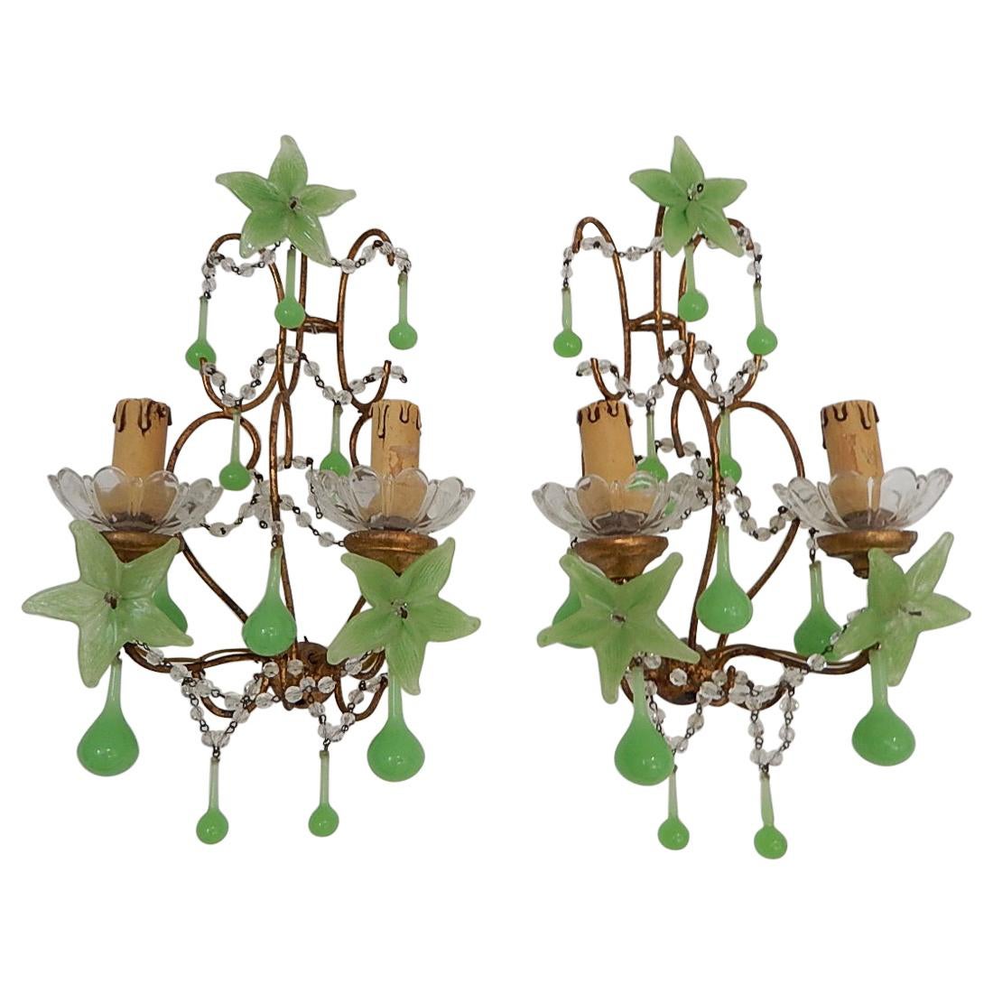 French Rare Flower One of a Kind Green Opaline Giltwood Sconces, circa 1920 For Sale