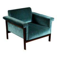 Ettore Sottsass Canada Armchair in Blue Green Velvet and Wood Poltronova 1960s