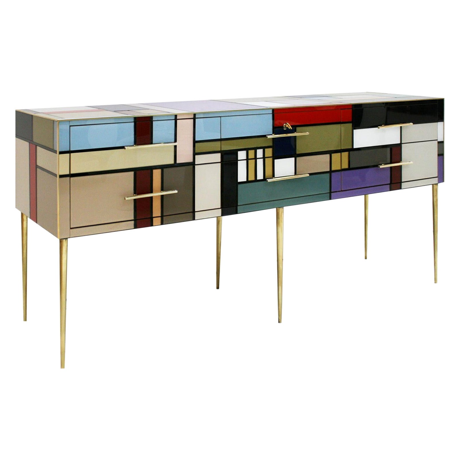 L.A. Studio Six Drawers Murano Colored Glass Brass Italian Sideboard