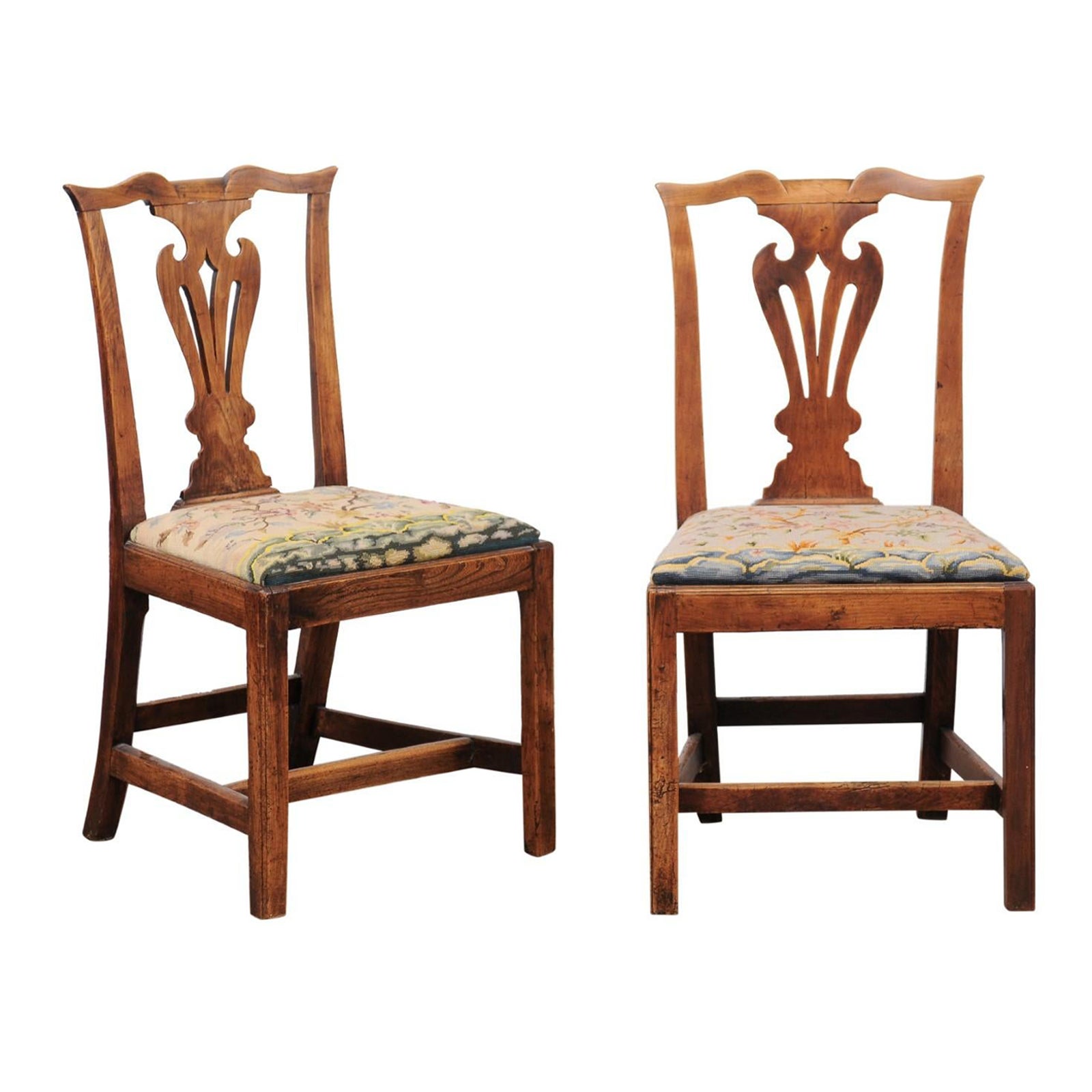 Pair of Chippendale Style Side Chairs in Elm with Needlepoint Slip Seats, 19th C