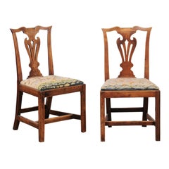 Pair of Chippendale Style Side Chairs in Elm with Needlepoint Slip Seats, 19th C