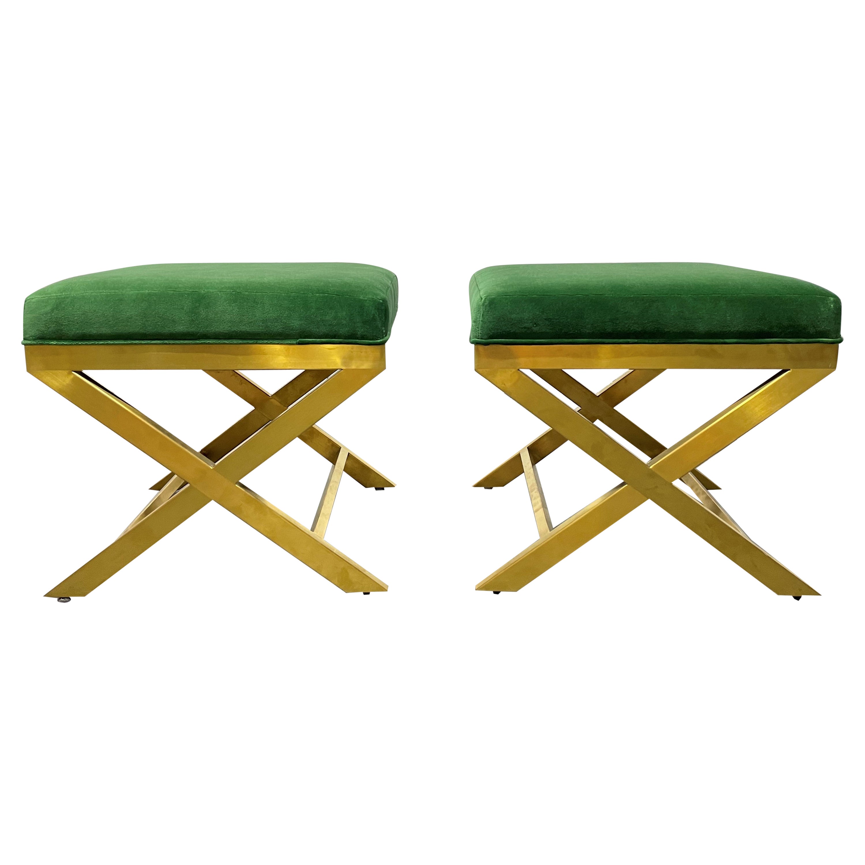 Pair of Upholstered Velvet and Brass X-Benches