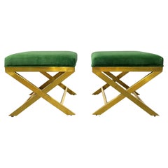 Vintage Pair of Upholstered Velvet and Brass X-Benches