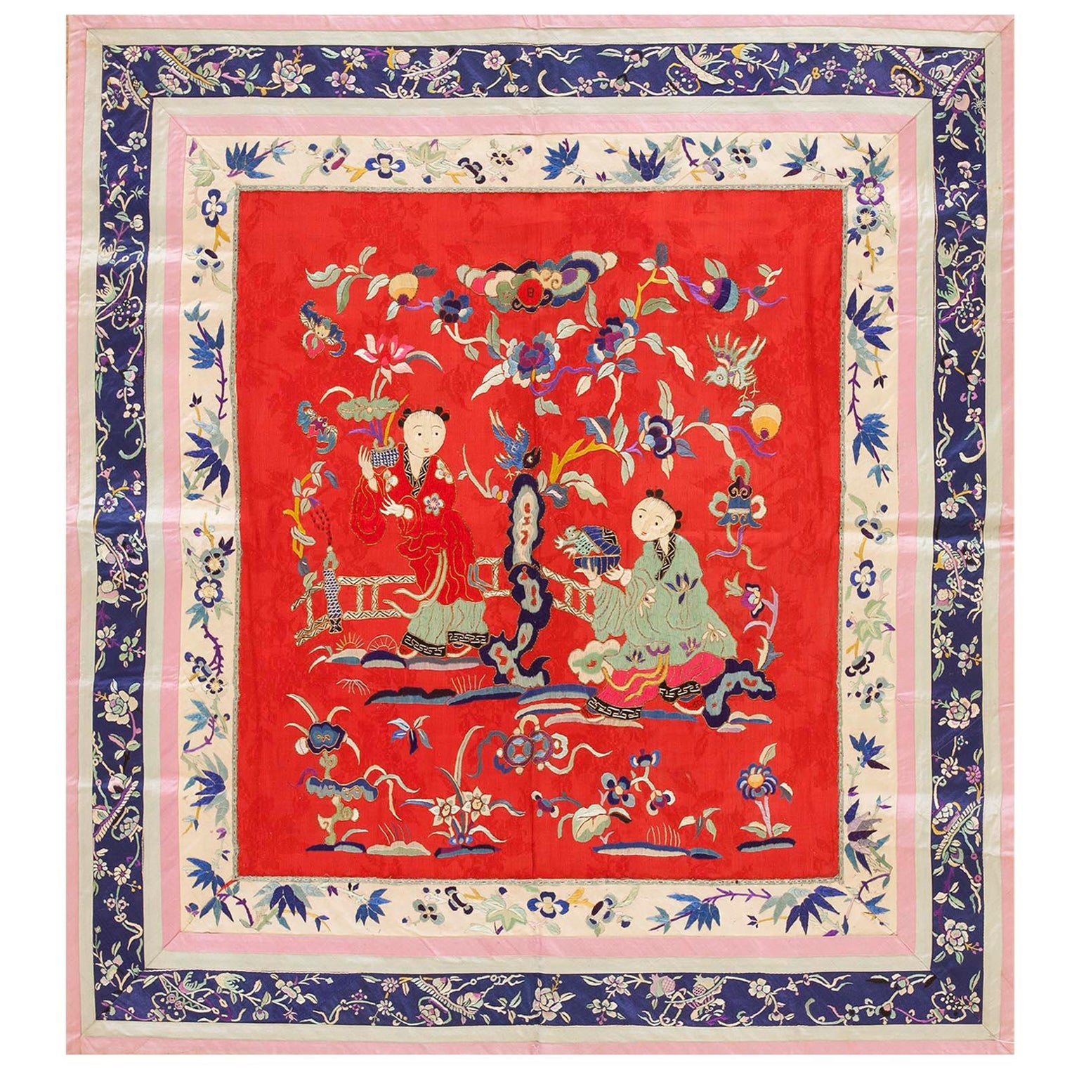 Mid 20th Century Silk Chinese Embroidery ( 2'4" x 2'6" - 70 x 75 ) For Sale