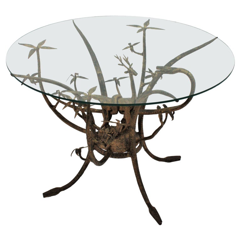 French Naturalistic Wrought Iron and Glass Table, 1960s For Sale