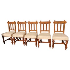 Sopworth & Son. 5 English Gothic Revival Oak Dining Chairs with Ebonized Inlays