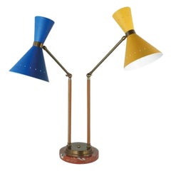 Italy Post Modern Style Brass Table Lamp with Painted Metal Shades Yellow Blue