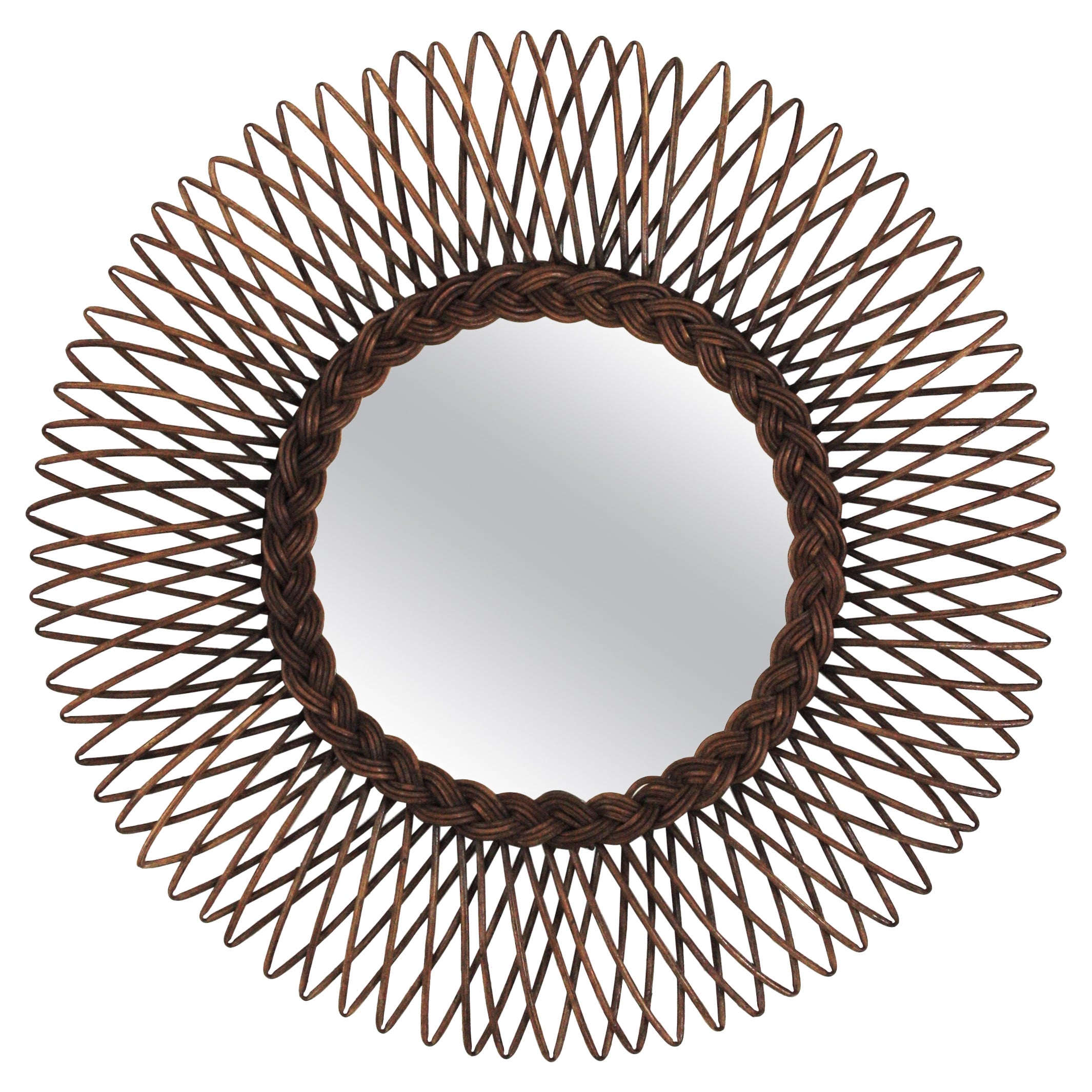 Rattan Oval Sunburst Mirror with Gold Paint For Sale at 1stDibs