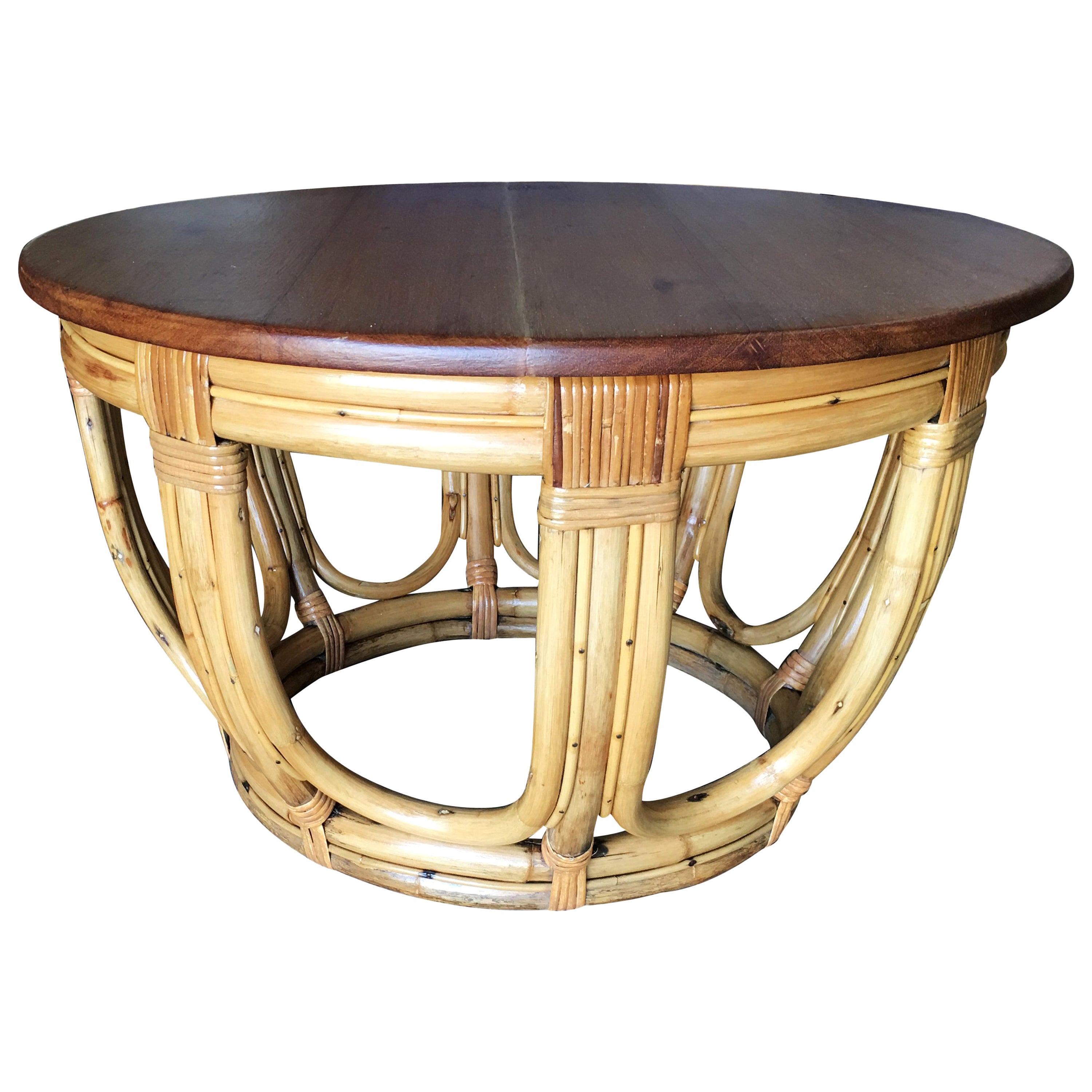 Restored Round Rattan Coffee Table with Mahogany Top For Sale at 1stDibs