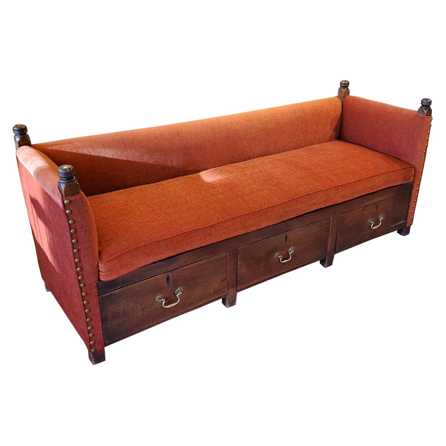 19th Century English Oak Bench with Three Drawers and Persimmon Upholstery For Sale
