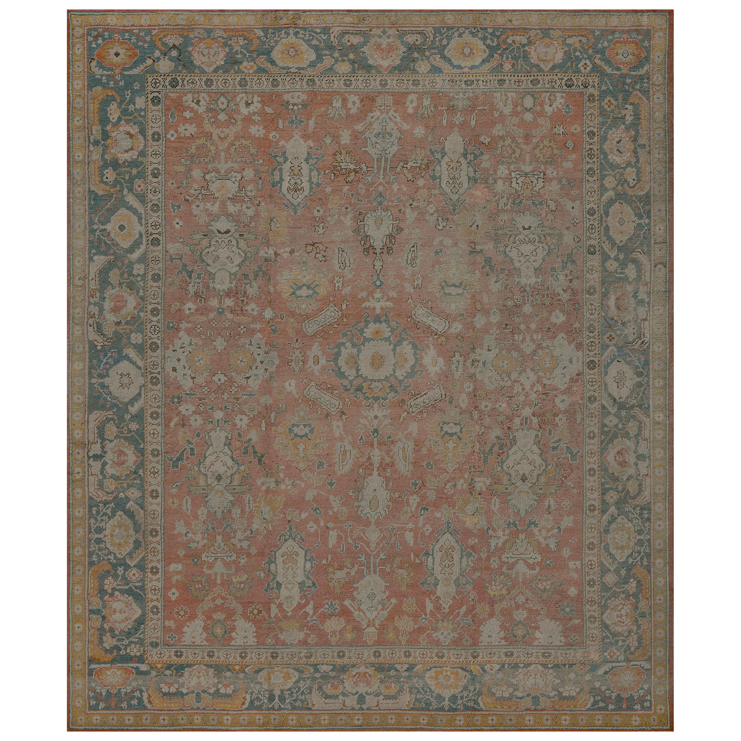 Antique Floral Hand-woven Red and Blue Wool Oushak Rug