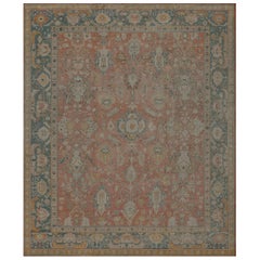 Tapis Oushak en laine rouge et bleue, tissé à la main, motif floral antique