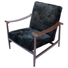 Custom Walnut Mid-Century Style Armchairs in Black Sheepskin by Adesso Imports